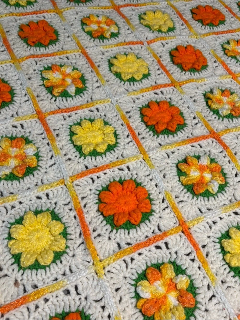 Afghan 3D Granny Flower Knitted Crochet Throw Blanket Orange Yellow 72x45 Groovy